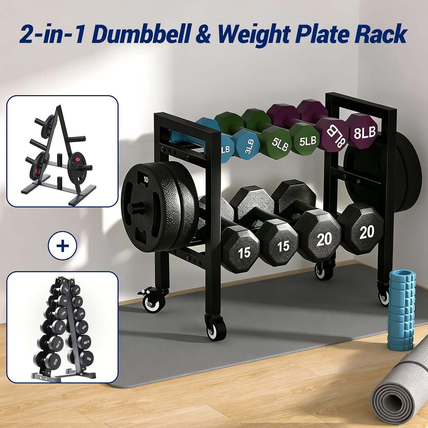 2‑Tier Wheeled Dumbbell Storage Rack