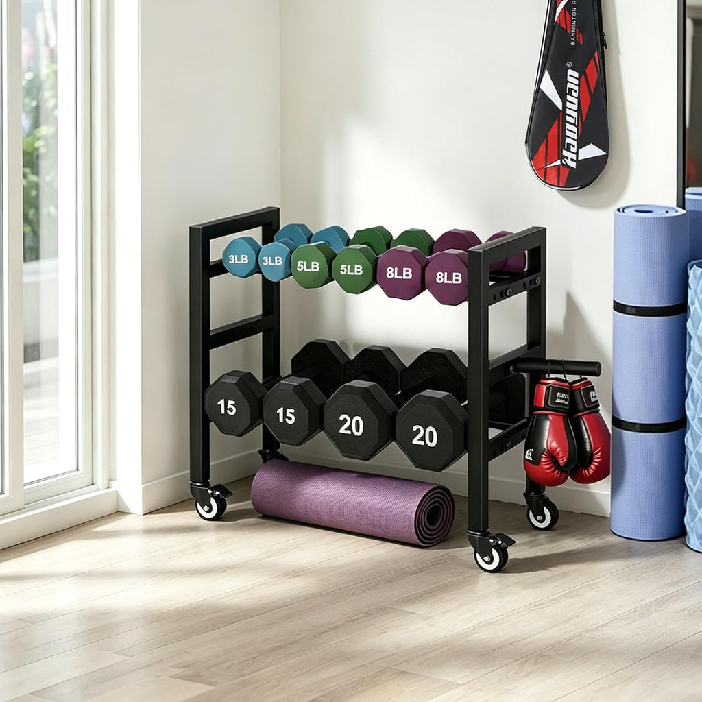 2‑Tier Wheeled Dumbbell Storage Rack
